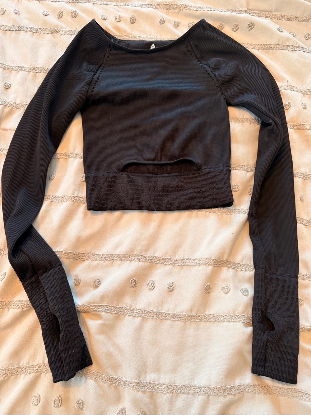 Free People Black Cropped Crewneck Sweater with Front Cutout